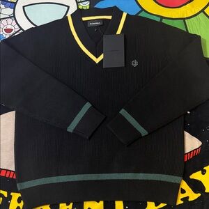 Black Scale Black V-Neck Sweater with Yellow Trim